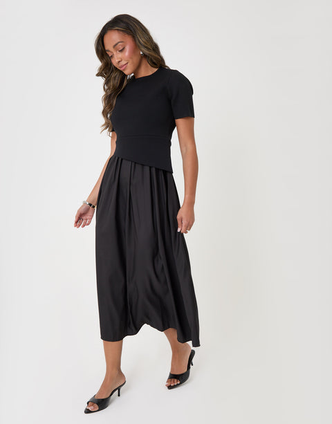 Threadbare 2 in 1 Satin Knit Midaxi Dress in Black - full body