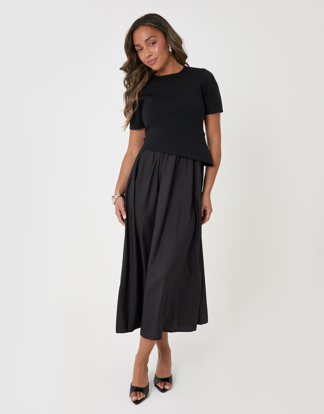 Threadbare 2 in 1 Satin Knit Midaxi Dress in Black - front view