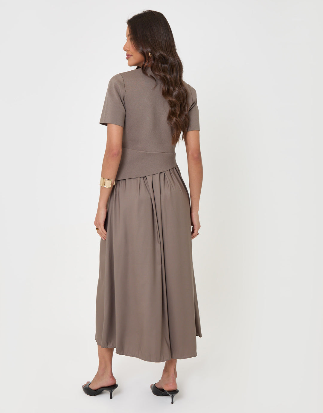 Threadbare 2 in 1 Satin Knit Midaxi Dress in Mink Brown - back view