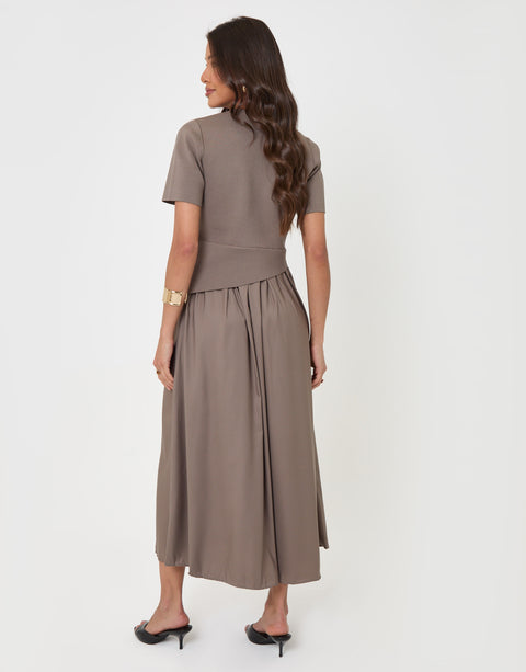 Threadbare 2 in 1 Satin Knit Midaxi Dress in Mink Brown - back view
