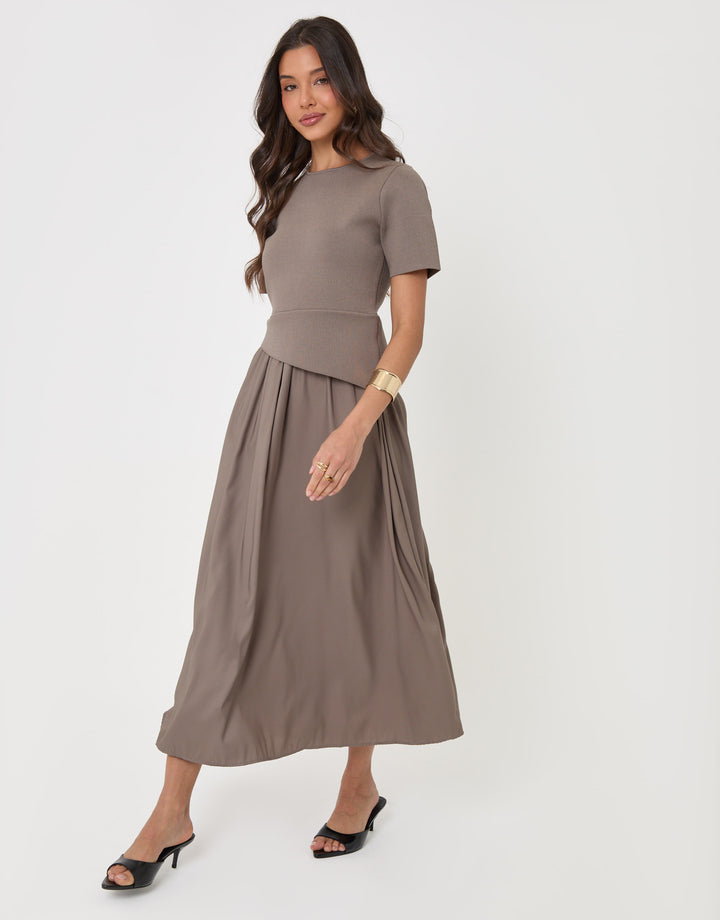 Threadbare 2 in 1 Satin Knit Midaxi Dress in Mink Brown - full body