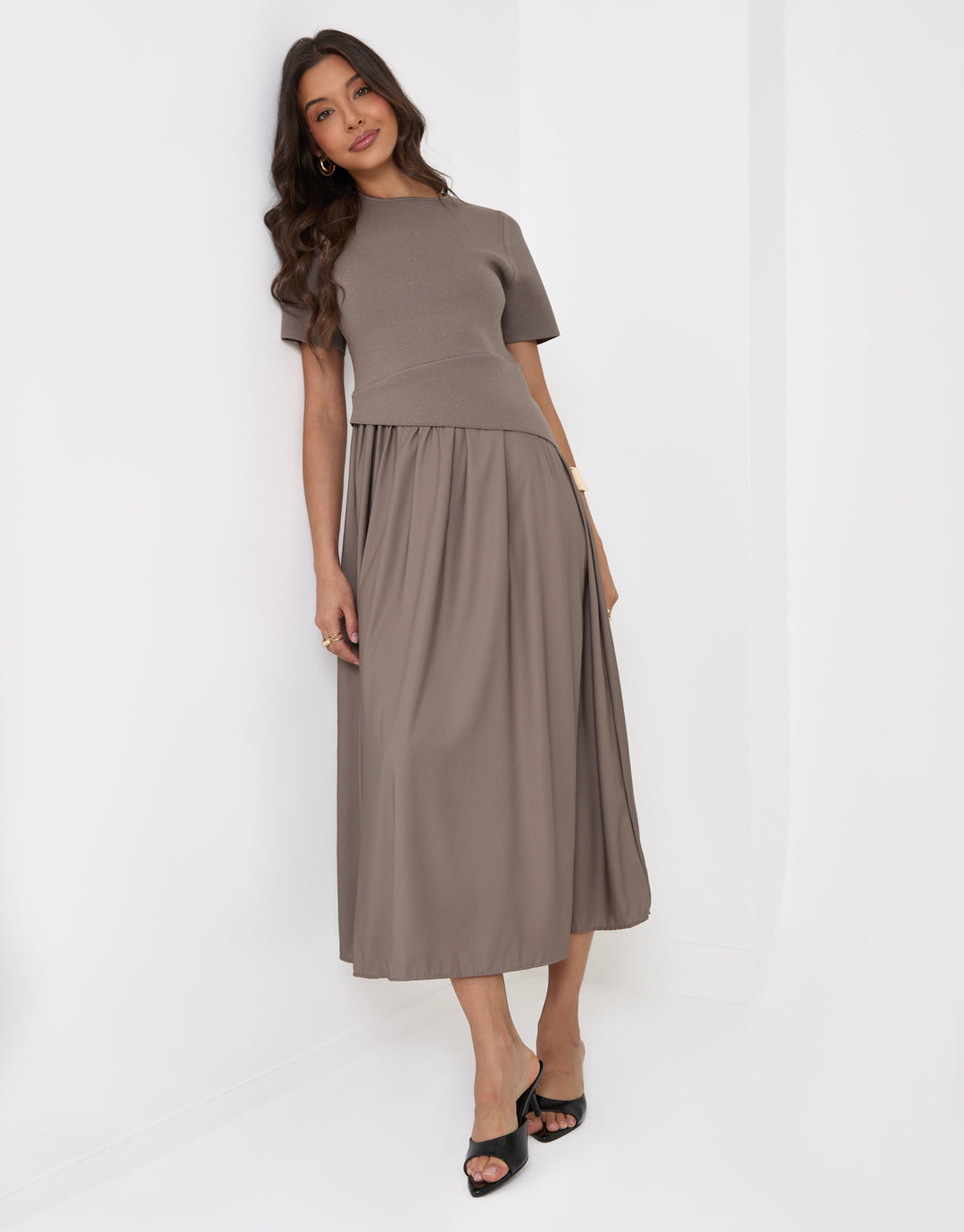 Threadbare 2 in 1 Satin Knit Midaxi Dress in Mink Brown - front view