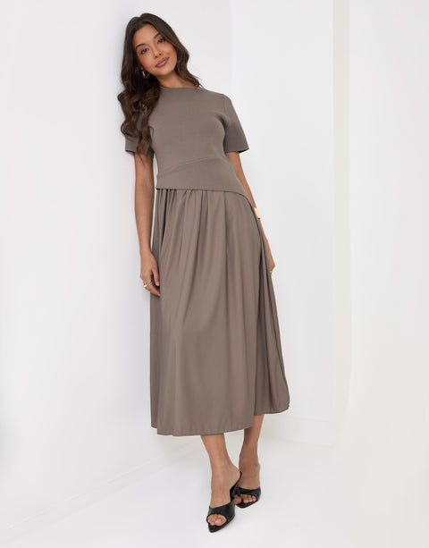 Threadbare 2 in 1 Satin Knit Midaxi Dress in Mink Brown - front view