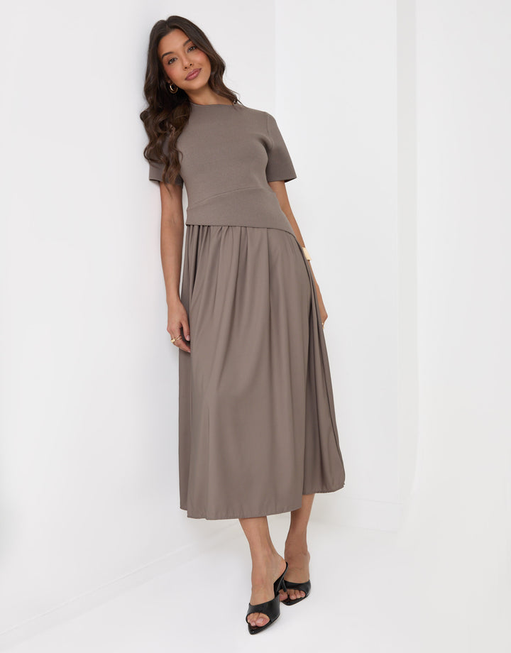 Threadbare 2 in 1 Satin Knit Midaxi Dress in Mink Brown - front view