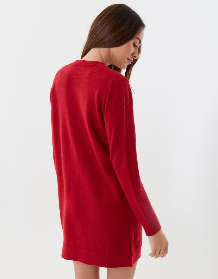 Threadbare Bow Embellished Knitted Mini Dress in Red - back view
