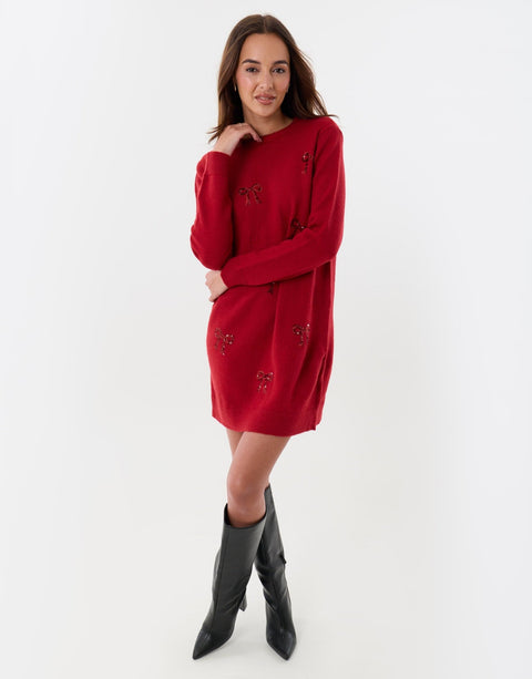 Threadbare Bow Embellished Knitted Mini Dress in Red - full view