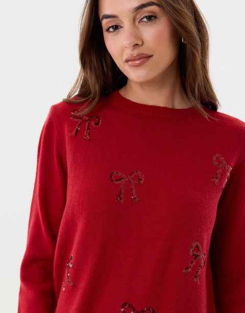 Threadbare Bow Embellished Knitted Mini Dress in Red - close up