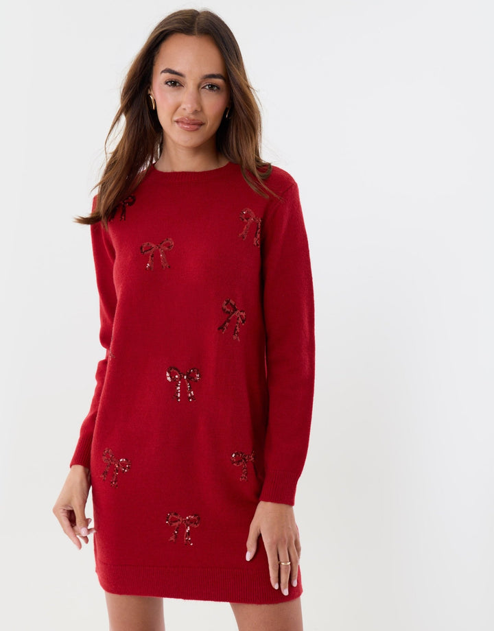 Threadbare Bow Embellished Knitted Mini Dress in Red - front view