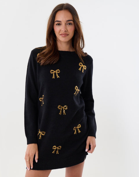 Threadbare Bow Embellished Knitted Mini Dress in Black - front view