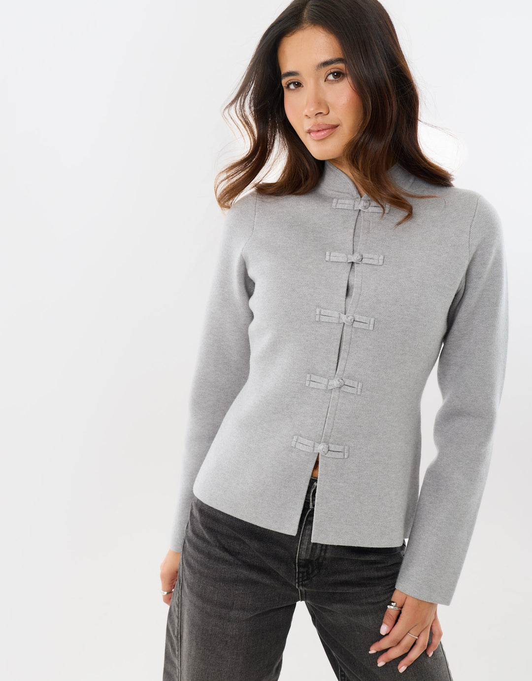 Mandarin Style Knitted Cardigan in Grey