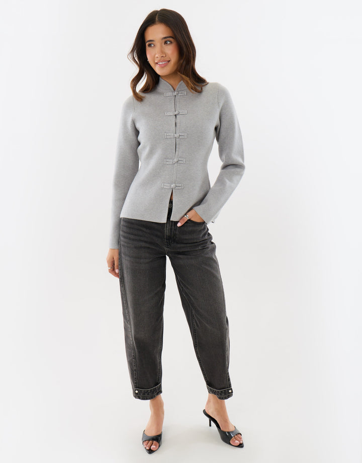 Mandarin Style Knitted Cardigan in Grey