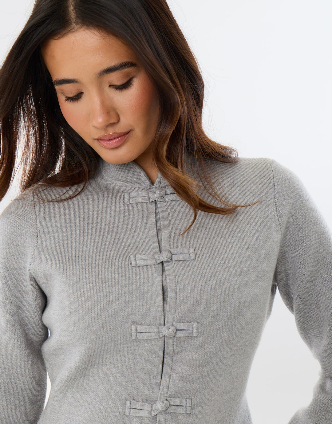 Mandarin Style Knitted Cardigan in Grey