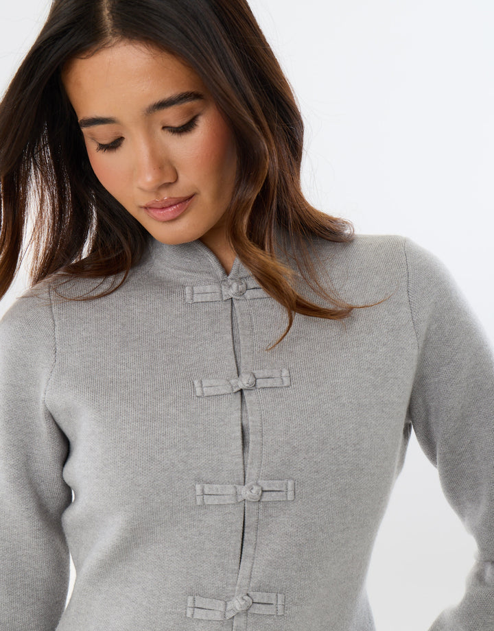 Mandarin Style Knitted Cardigan in Grey