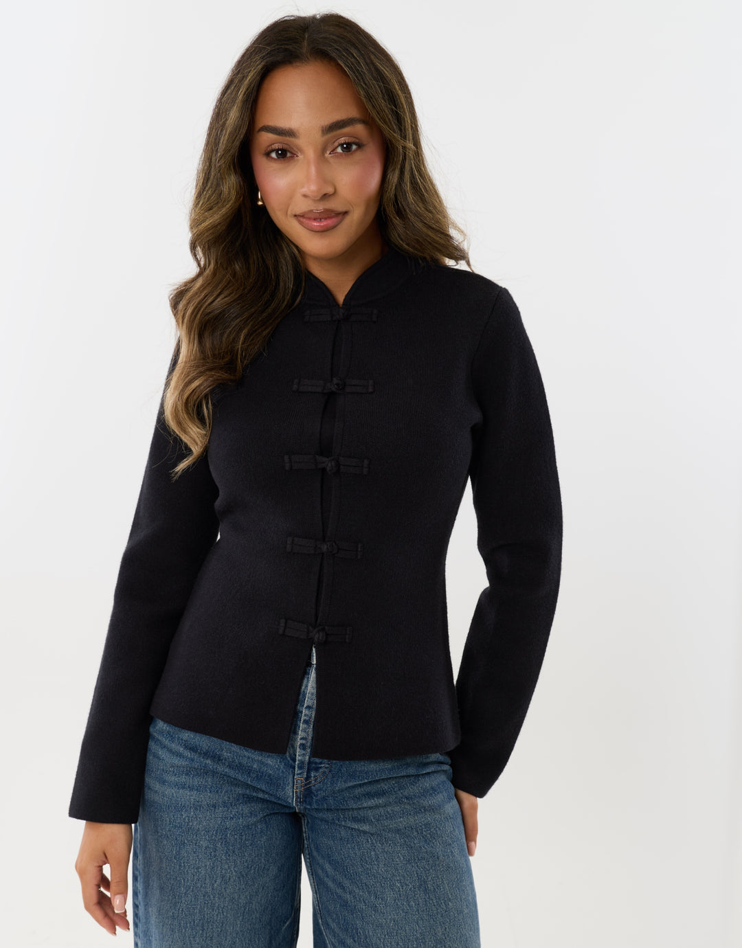 Mandarin Style Knitted Cardigan in Black