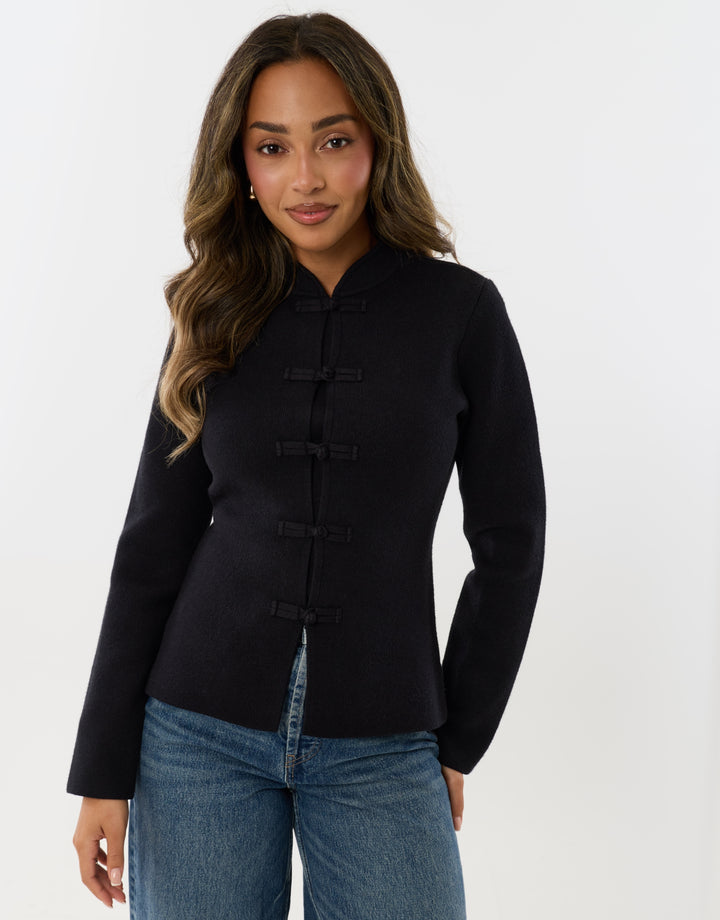 Mandarin Style Knitted Cardigan in Black