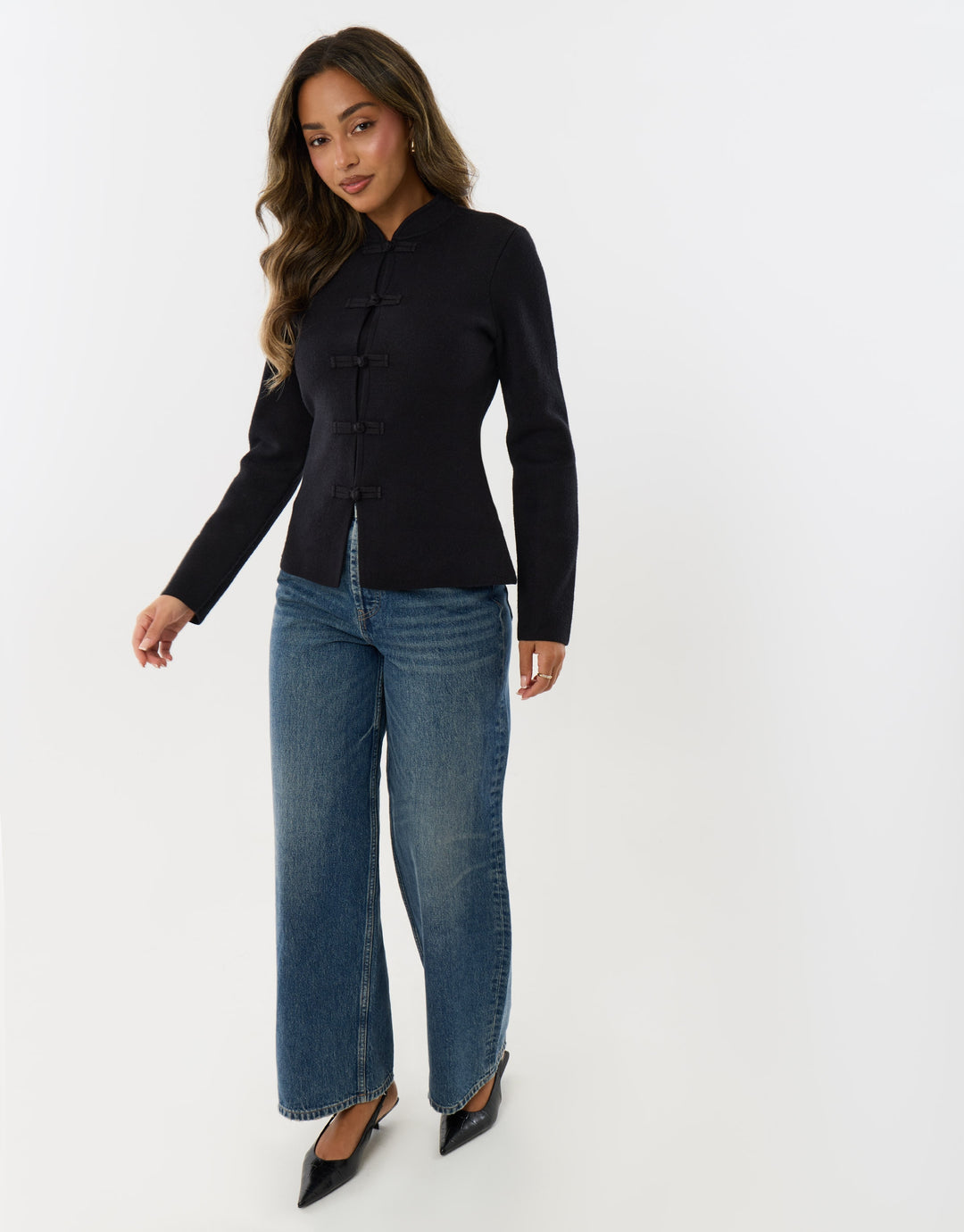 Mandarin Style Knitted Cardigan in Black