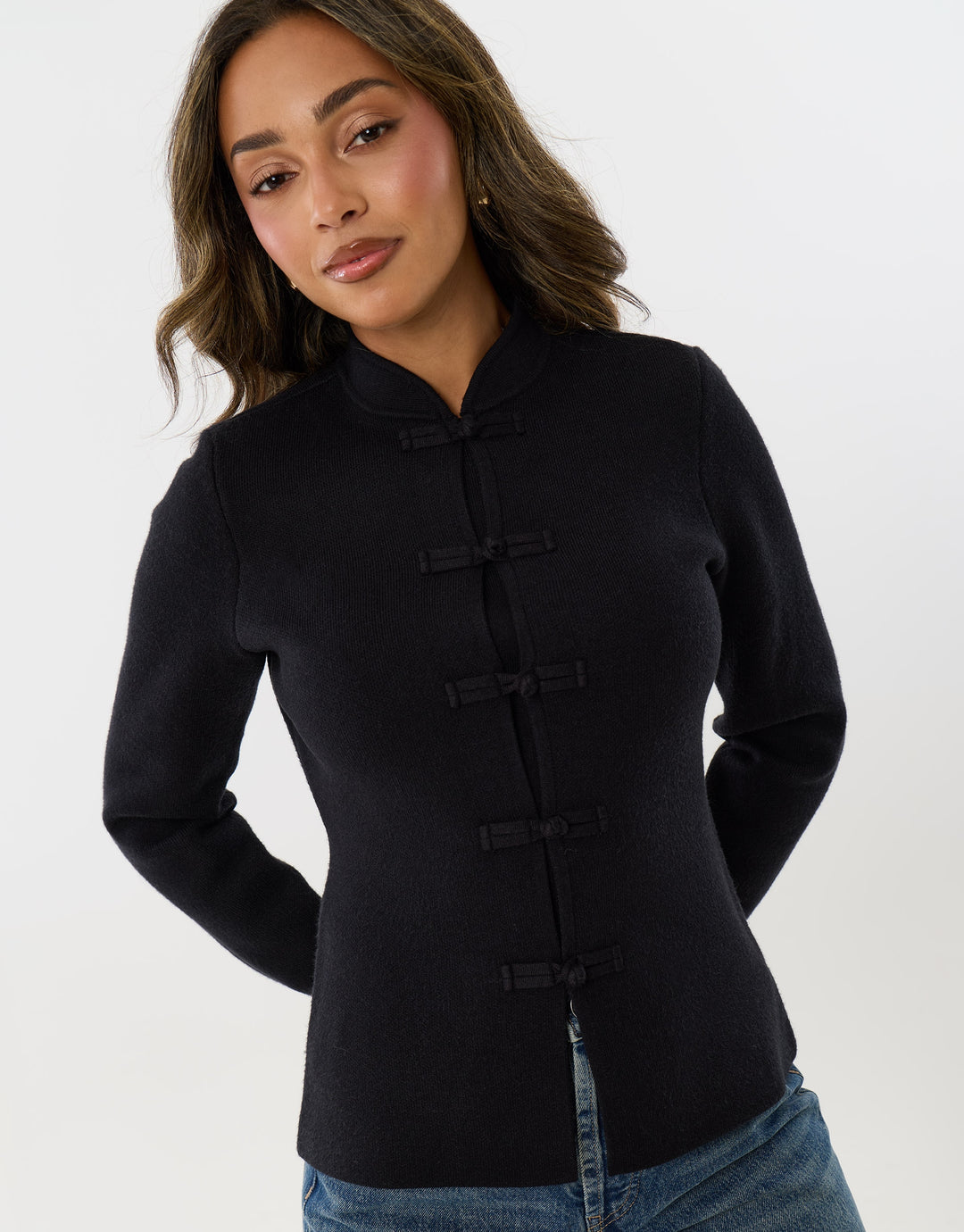 Mandarin Style Knitted Cardigan in Black