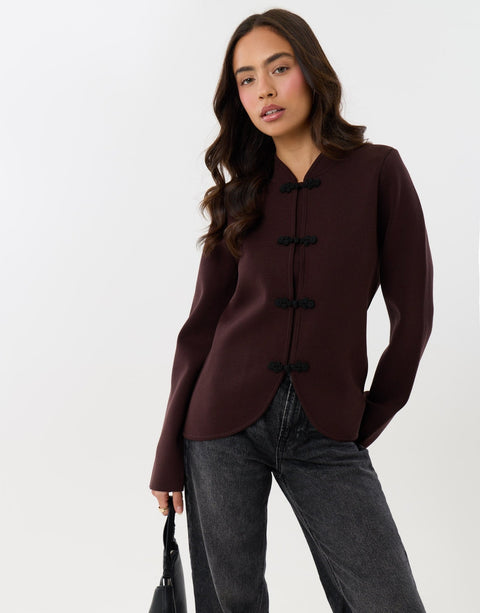Threadbare Curved Hem Mandarin Style Cardigan in Chocolate Brown -  front view
