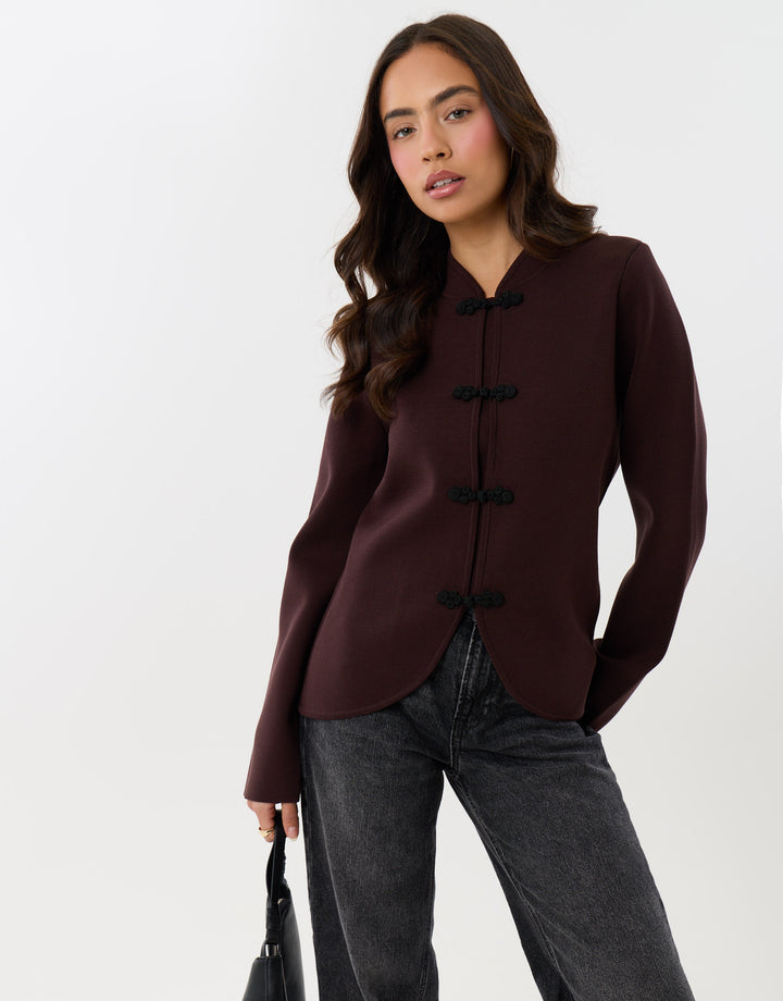 Curved Hem Mandarin Style Cardigan in Chocolate Brown