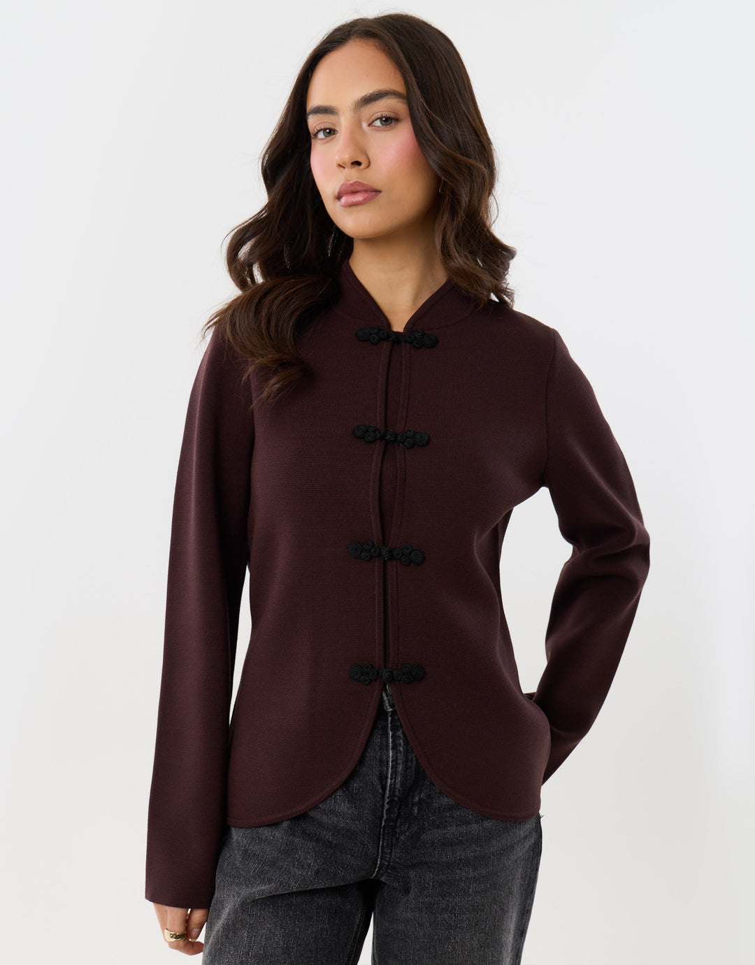 Curved Hem Mandarin Style Cardigan in Chocolate Brown