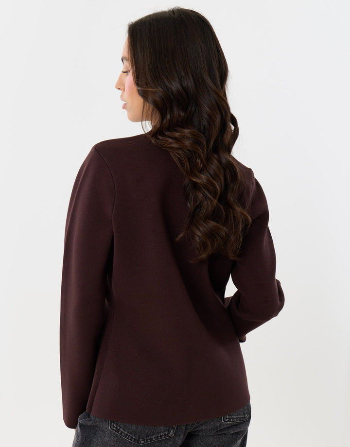 Curved Hem Mandarin Style Cardigan in Chocolate Brown