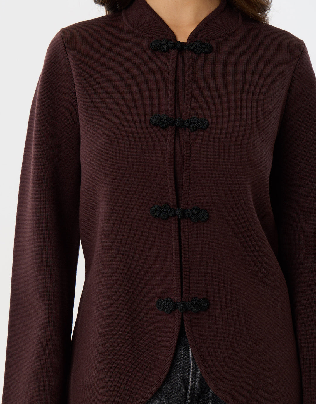 Curved Hem Mandarin Style Cardigan in Chocolate Brown