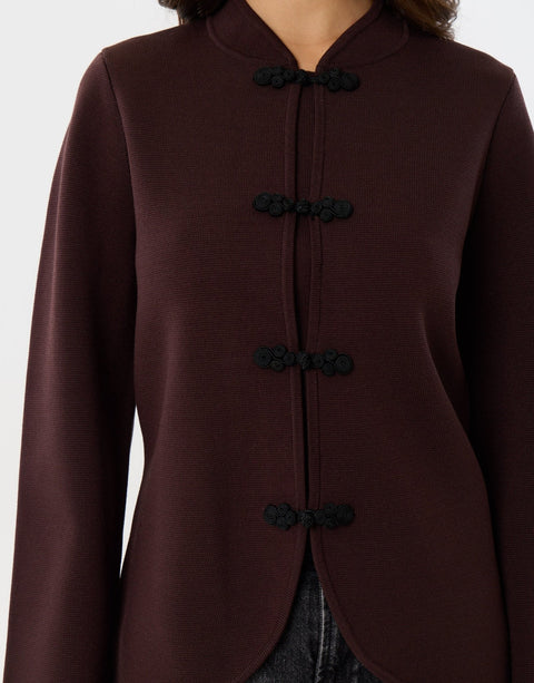 Threadbare Curved Hem Mandarin Style Cardigan in Chocolate Brown - close up
