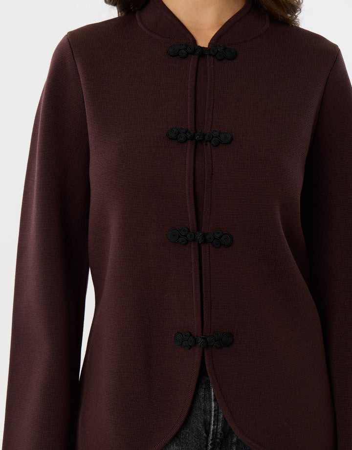 Curved Hem Mandarin Style Cardigan in Chocolate Brown