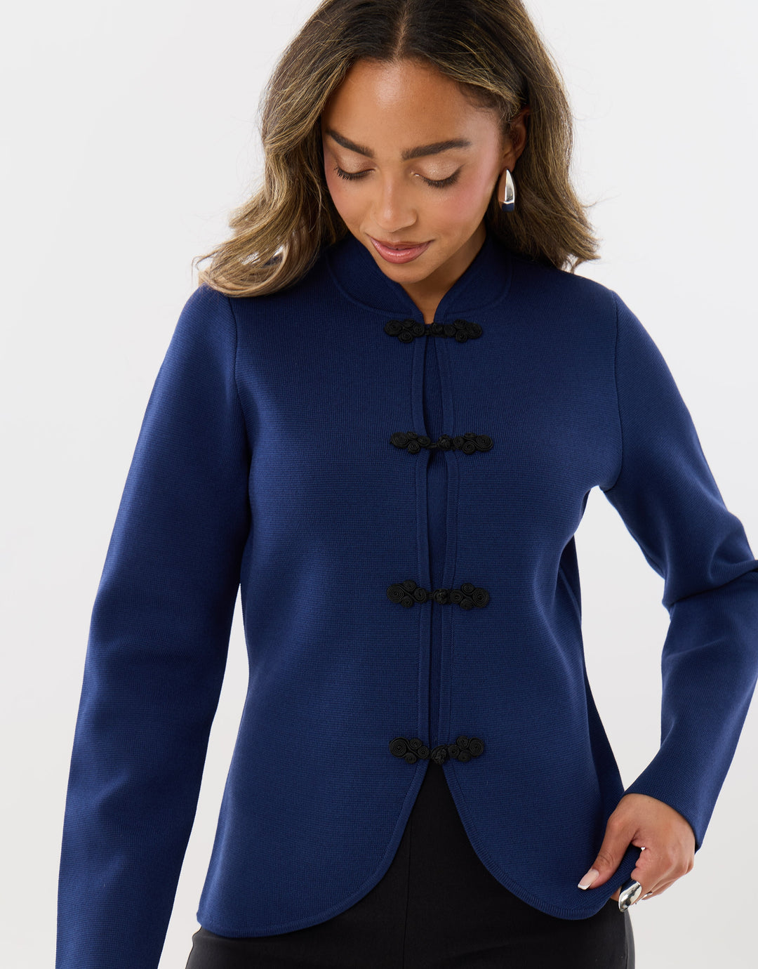 Curved Hem Mandarin Style Cardigan in Navy