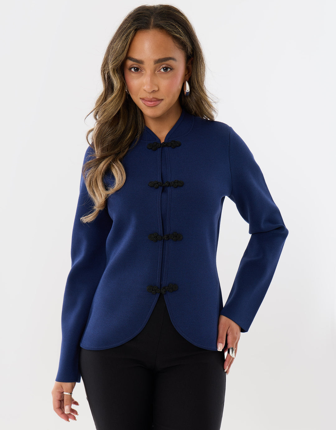 Curved Hem Mandarin Style Cardigan in Navy