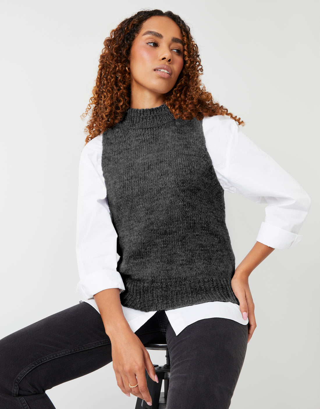 Women's Charcoal Grey Crew Neck Ladies' Knitted Sweater Vest – Threadbare