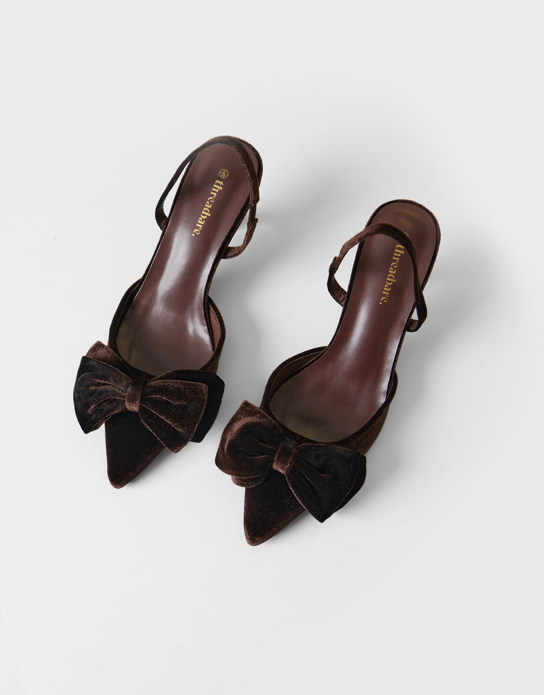 Threadbare Velvet Bow Kitten Heels in Chocolate Brown - front view above