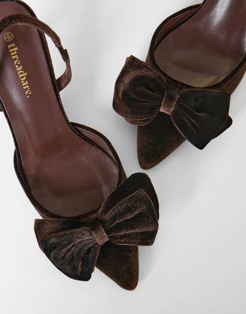 Threadbare Velvet Bow Kitten Heels in Chocolate Brown - close up