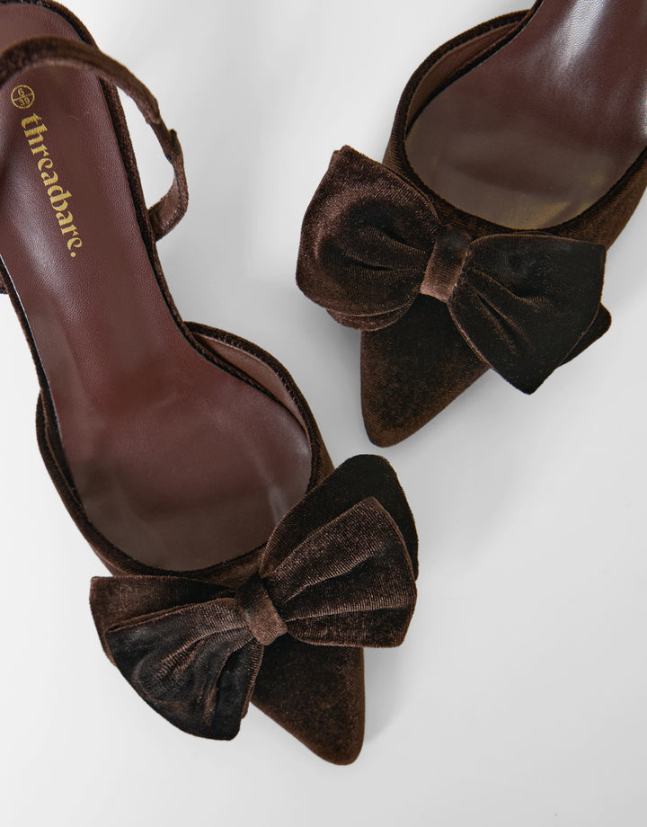 Threadbare Velvet Bow Kitten Heels in Chocolate Brown - close up