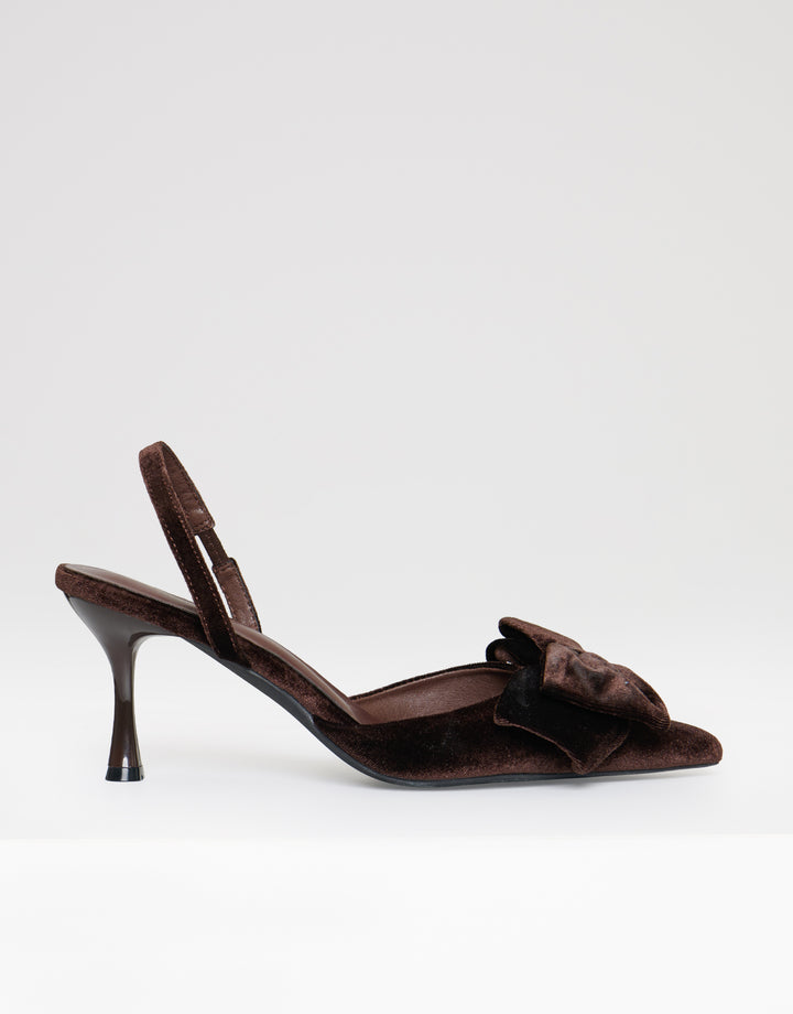 Threadbare Velvet Bow Kitten Heels in Chocolate Brown - side view