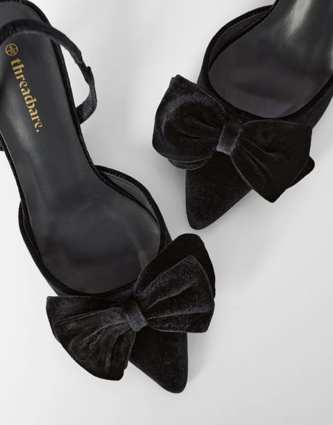 Threadbare Velvet Bow Kitten Heels in Black - top view