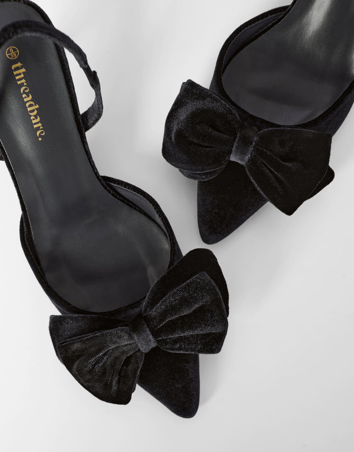 Threadbare Velvet Bow Kitten Heels in Black - top view