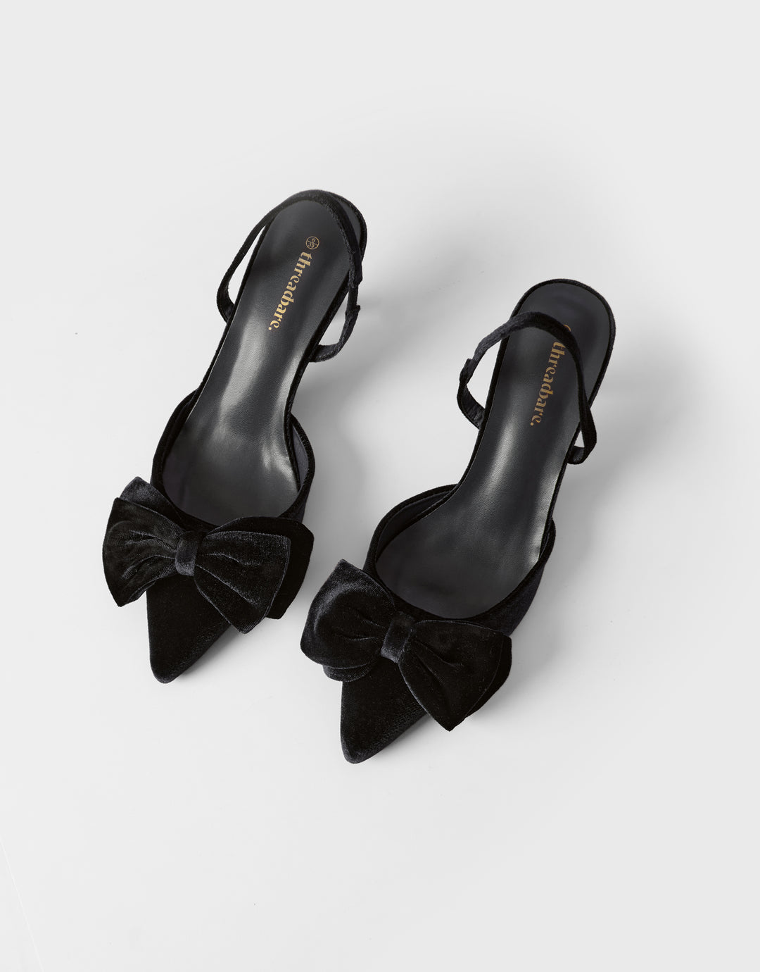 Threadbare Velvet Bow Kitten Heels in Black - pair view