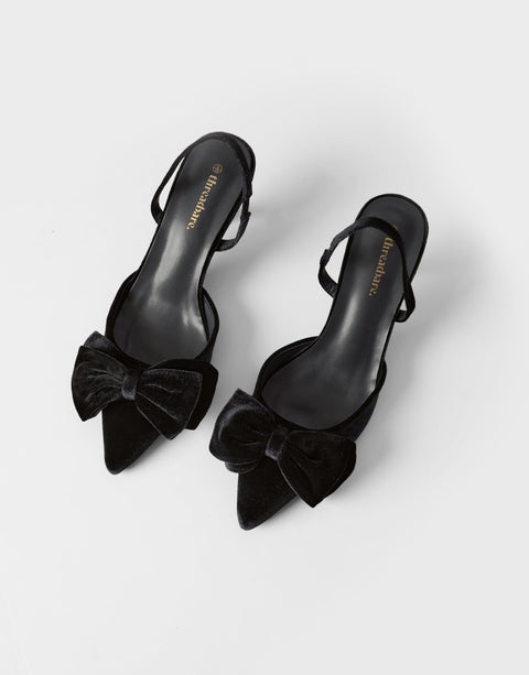 Threadbare Velvet Bow Kitten Heels in Black - pair view