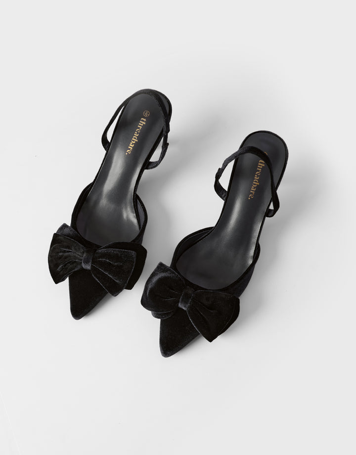 Threadbare Velvet Bow Kitten Heels in Black - pair view