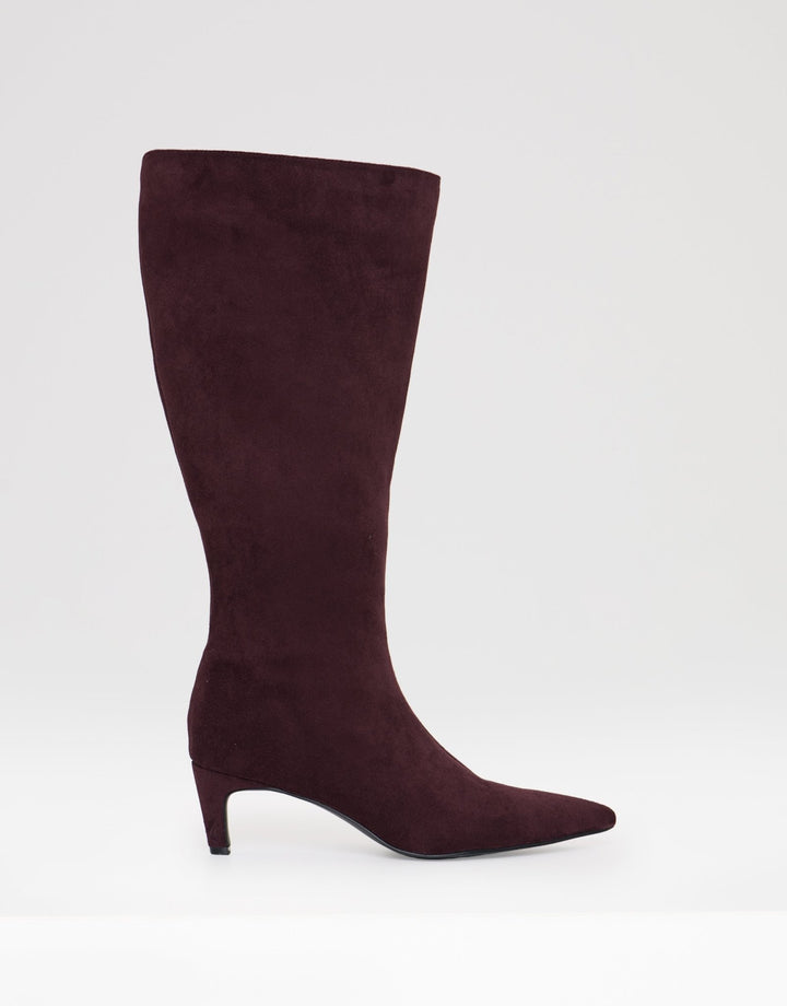 Faux Suede Kitten Heel Knee High Boots in Berry