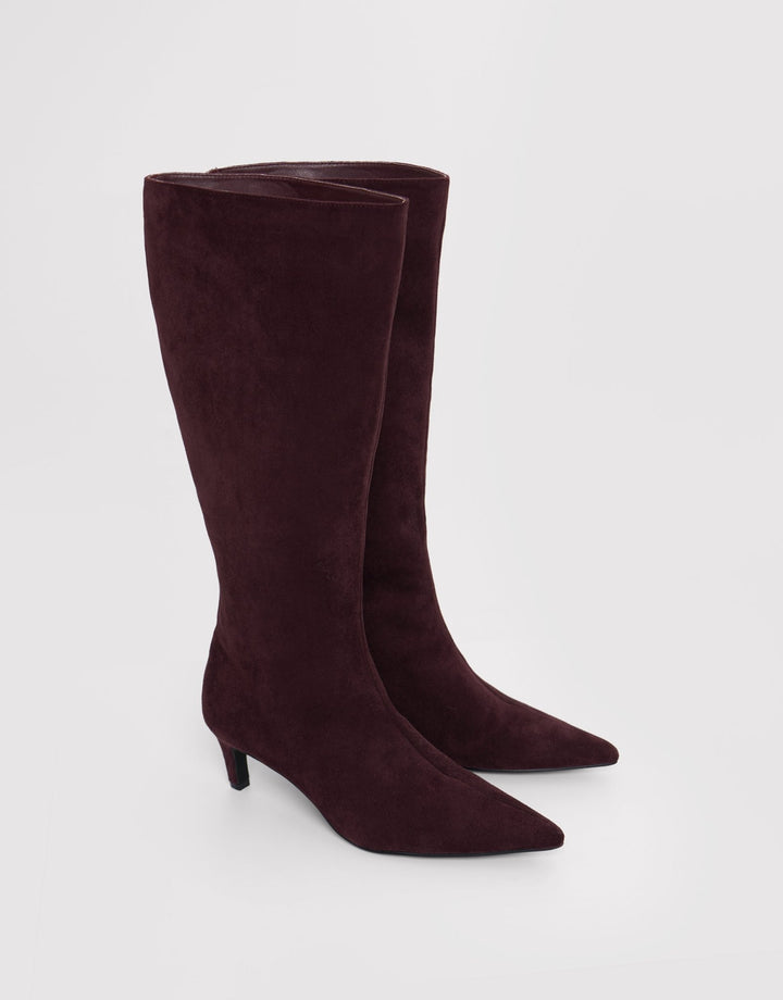 Faux Suede Kitten Heel Knee High Boots in Berry