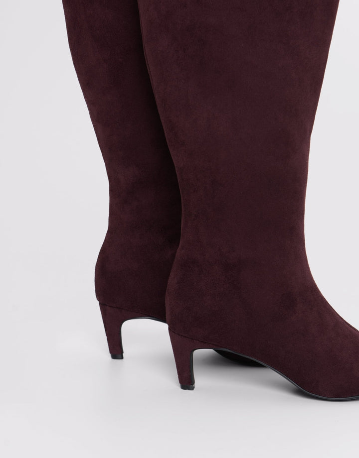 Faux Suede Kitten Heel Knee High Boots in Berry