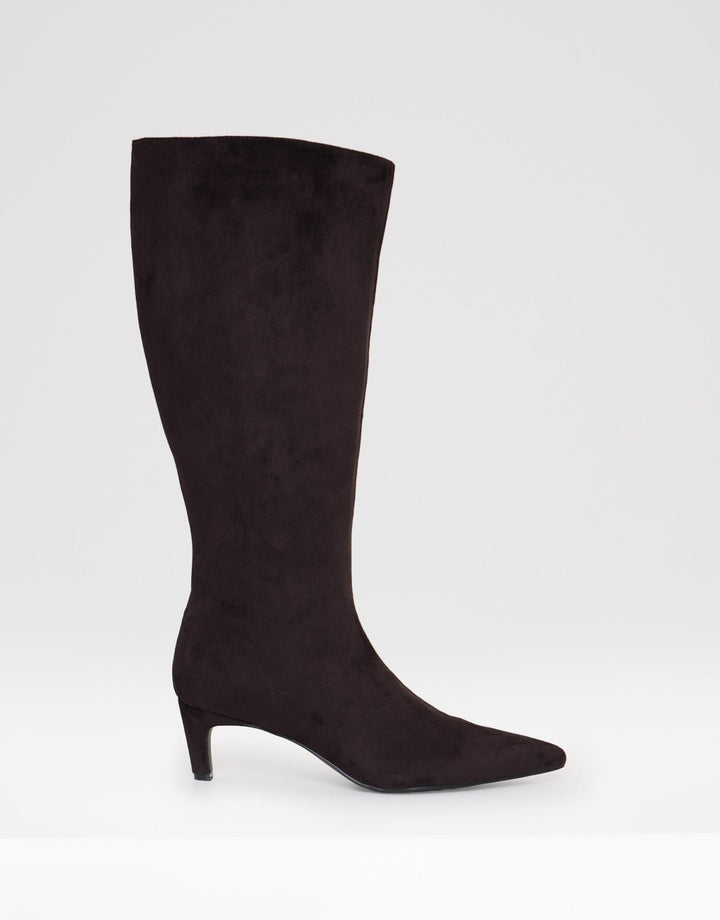 Faux Suede Kitten Heel Knee High Boots in Chocolate Brown