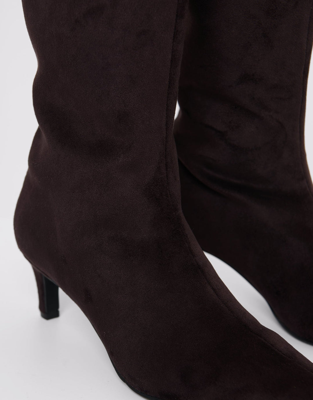 Faux Suede Kitten Heel Knee High Boots in Chocolate Brown