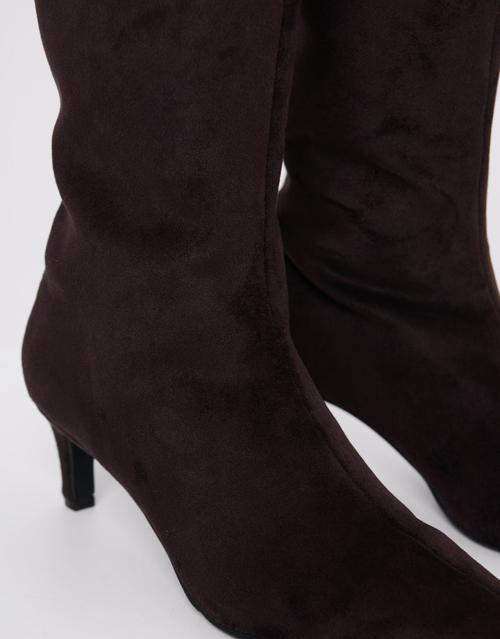 Faux Suede Kitten Heel Knee High Boots in Chocolate Brown