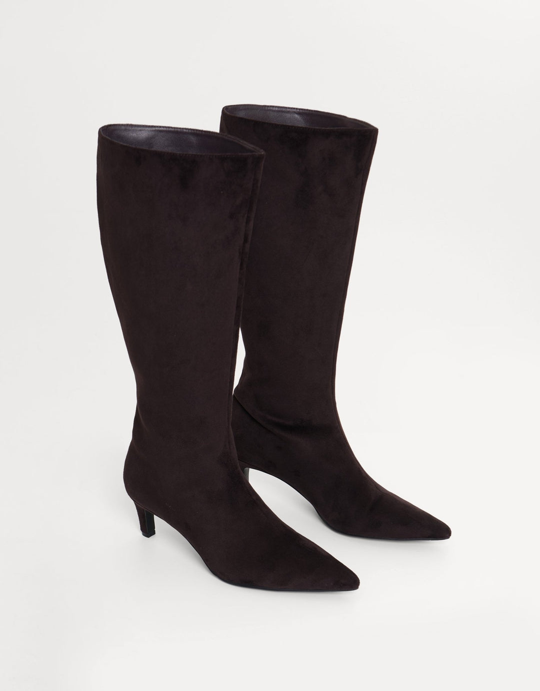 Faux Suede Kitten Heel Knee High Boots in Chocolate Brown