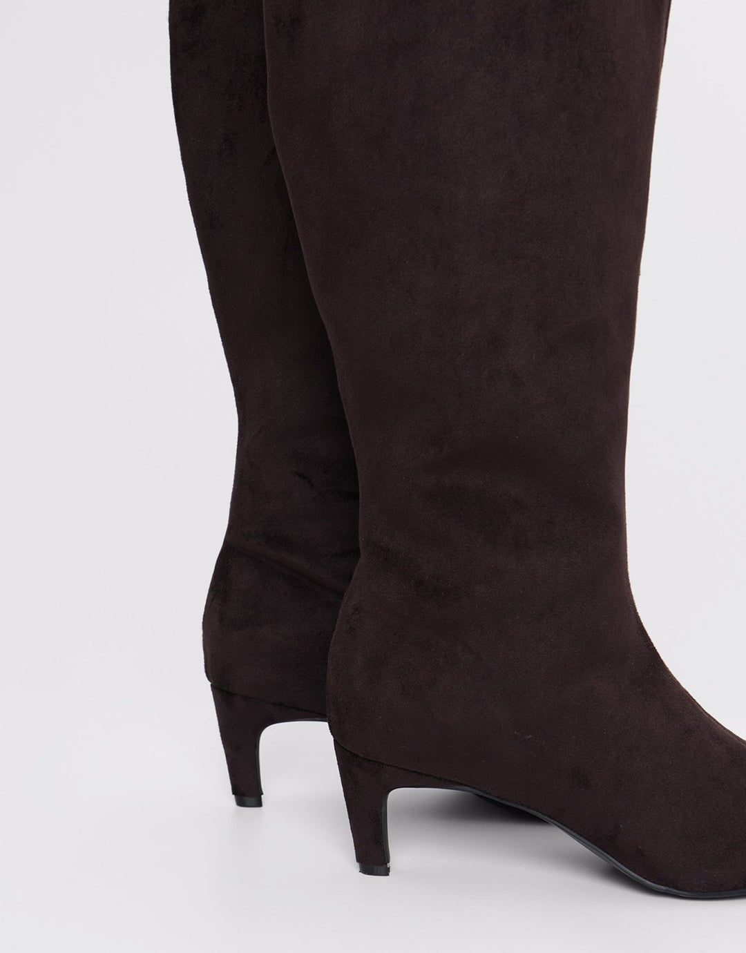 Faux Suede Kitten Heel Knee High Boots in Chocolate Brown