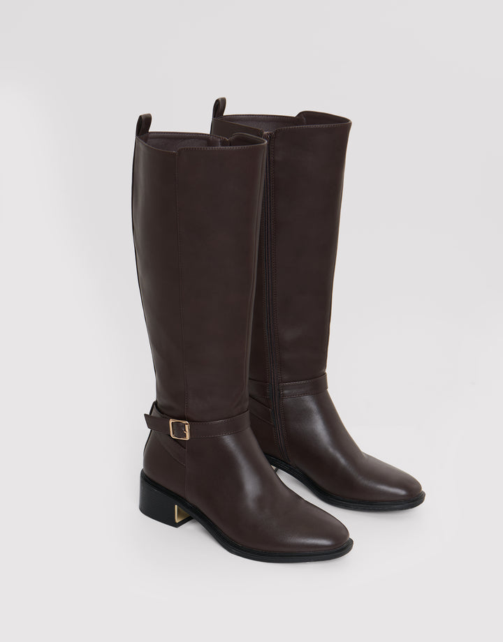 Threadbare Faux Leather Riding Boots in Chocolate Brown - pair view