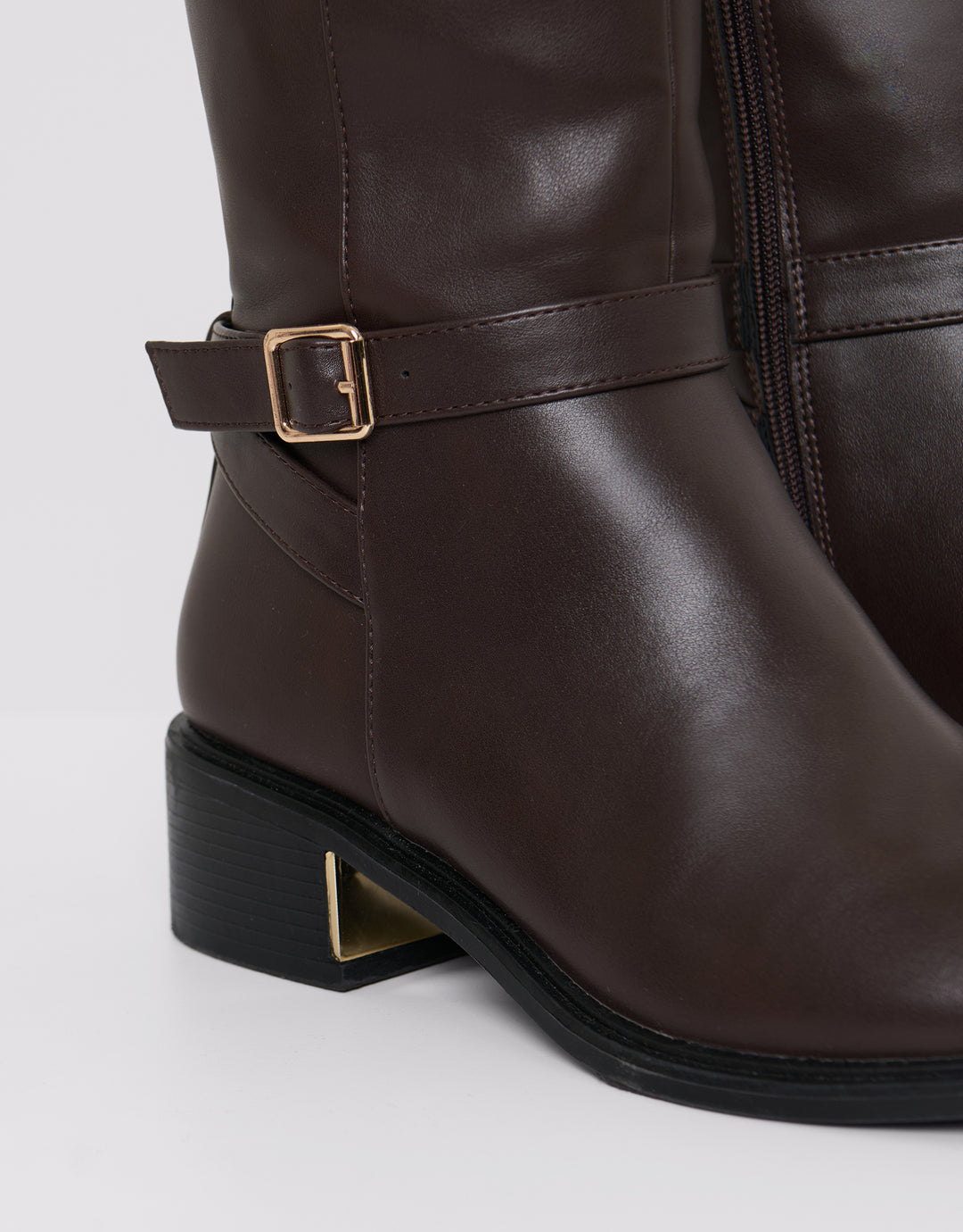 Threadbare Faux Leather Riding Boots in Chocolate Brown - close up